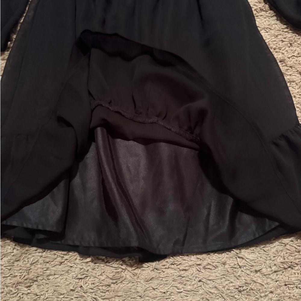 Express Sz Small Black Off or On Chifon Shoulder Mini Dress w/ rouching, ruffles - Picture 7 of 10